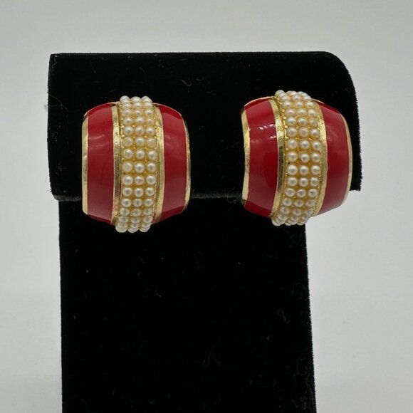 Vintage 1980s Orena Paris Red Enamel and Pearl Clip Earrings - Picture 1 of 4